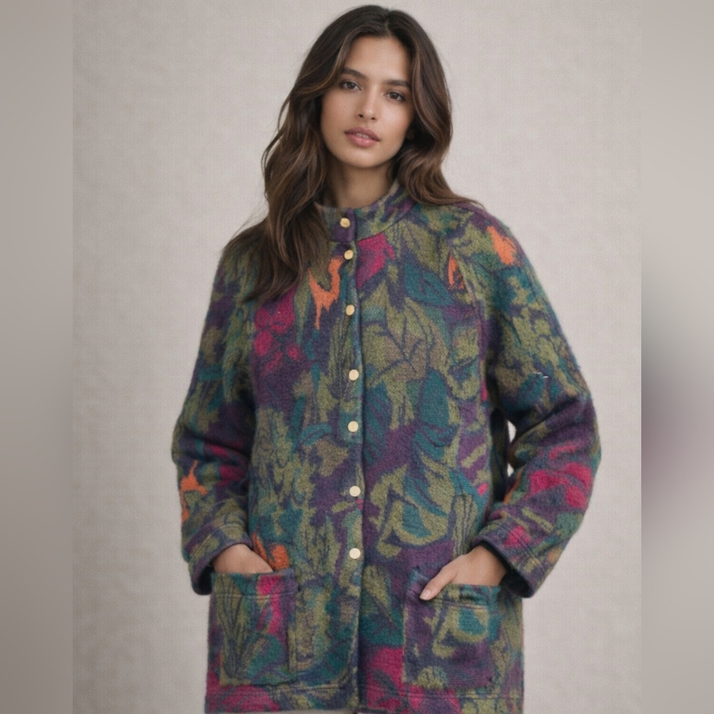 Vintage BODE Strickmore W. Germany Mohair Wool Knit Jacket - Floral Tapestry - G
